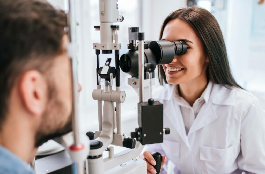 An optometrist uses a slit lamp during the contact lens exam to inspect the health of the eyes.