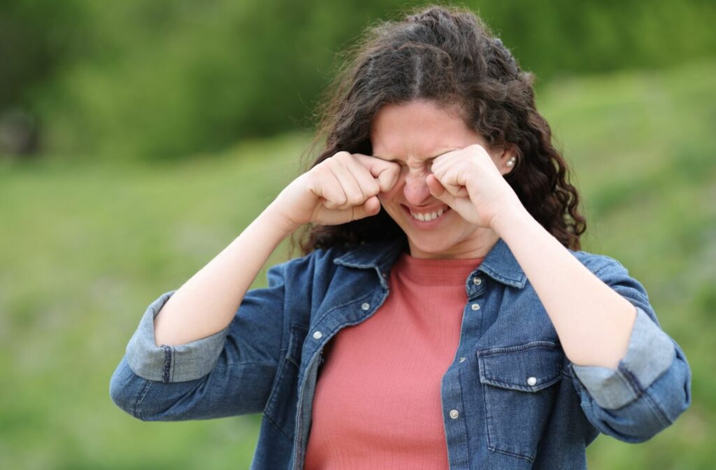 A person outdoors rubbing their eyes due to seasonal allergies.