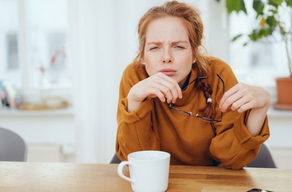 A person takes off their glasses and squints to try to see more clearly.