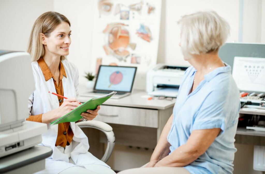 A patient discusses their dry eye symptoms with an optometrist.