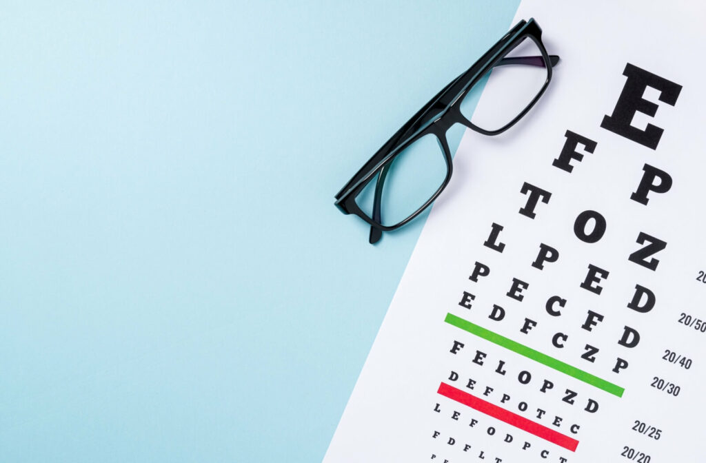 Black eyeglasses resting on top of a Snellen eye chart on a light blue background.