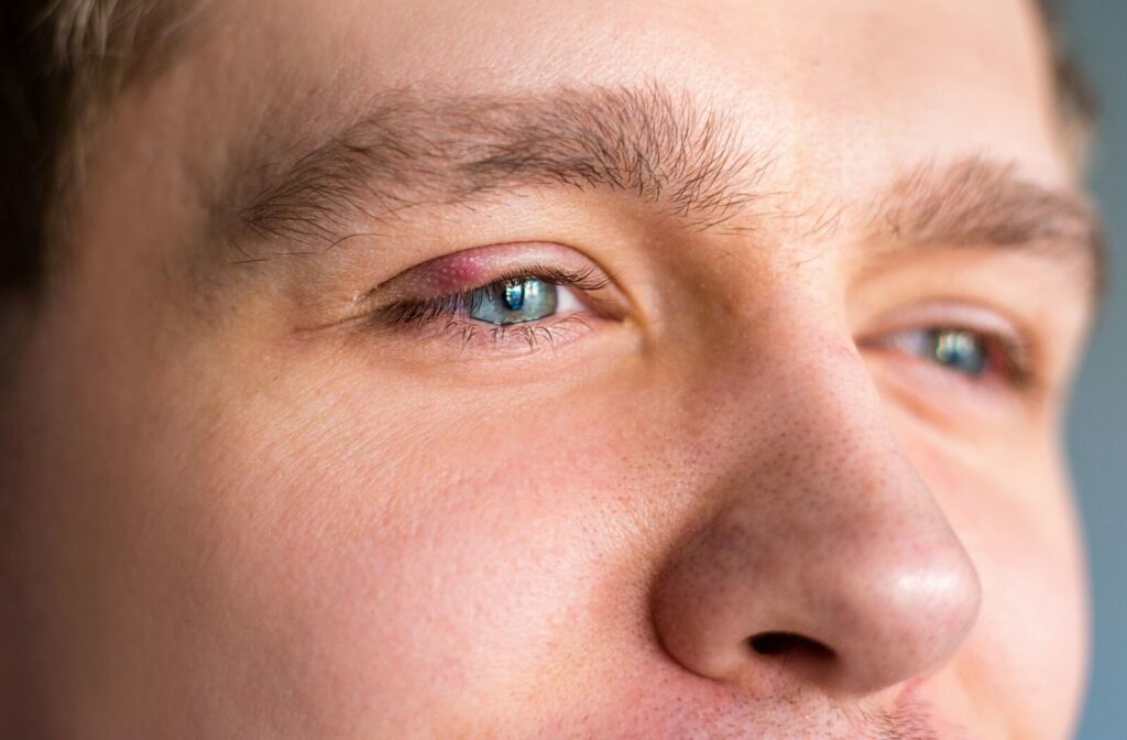 Close-up of eyelid inflammation and a small bump near the lash line.