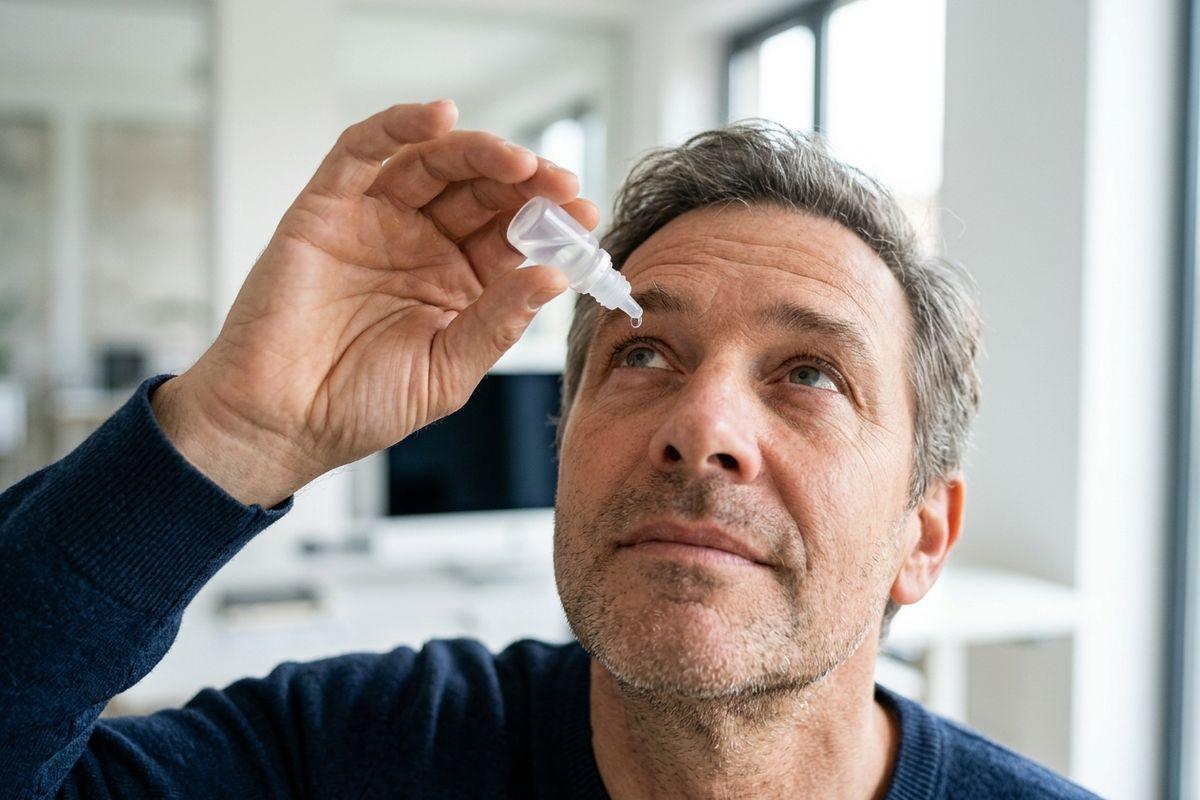 Adult applying eye drops with a dropper bottle while looking upward in a bright indoor room.