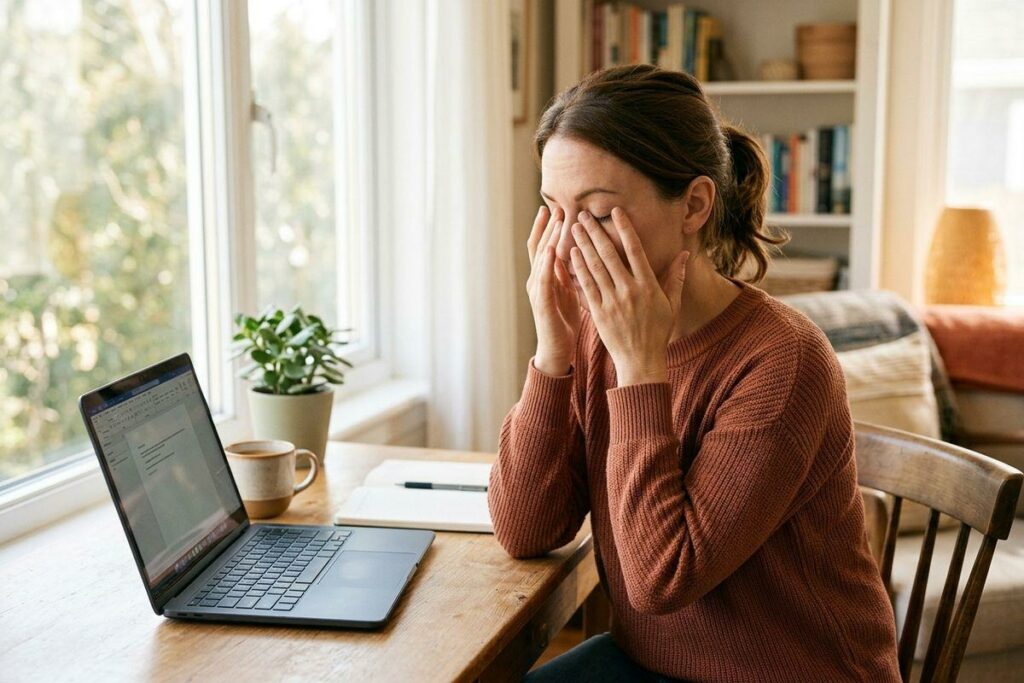 Adult rubbing eyes with both hands at a home desk with an open laptop, appearing tired or strained.