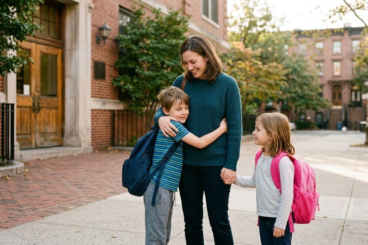 Adult smiling, hugging two children with backpacks on sidewalk outside brick school building.