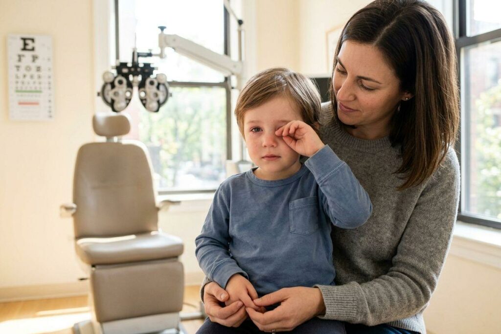 Child rubs eye while sitting on adult's lap in an eye exam room with chart and exam chair visible.