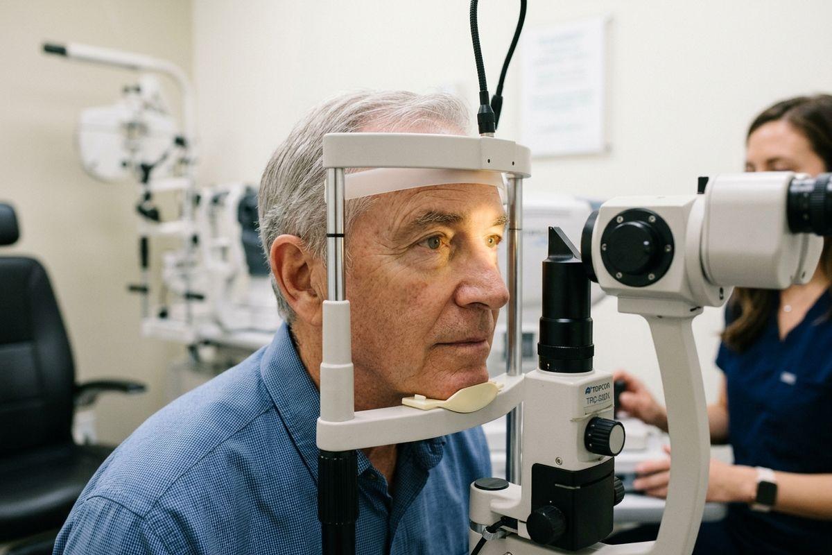Older adult rests chin on a slit lamp during an eye exam as an optometrist adjusts the instrument in a clinic.