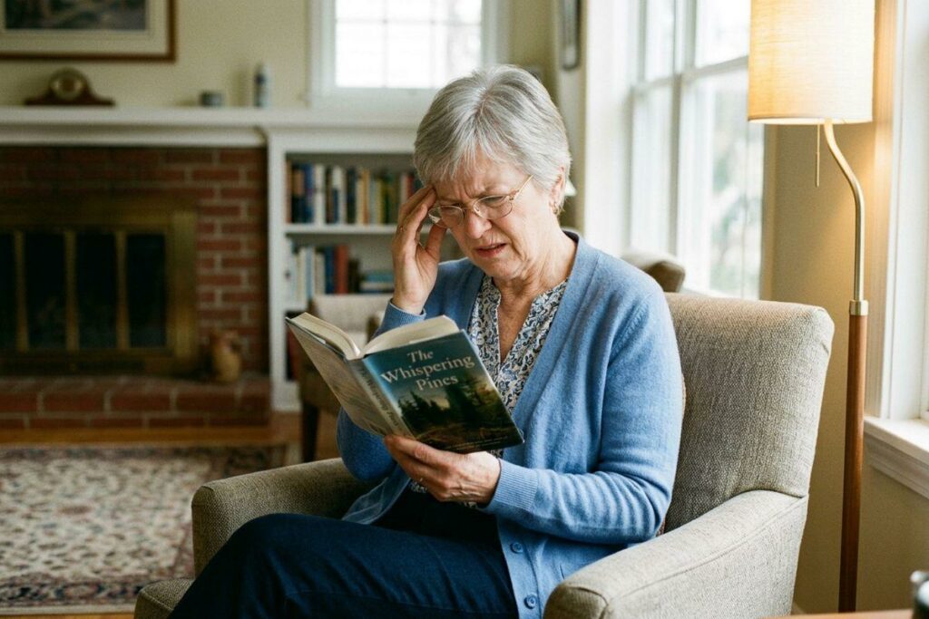 Older adult sits in an armchair reading a book, squinting and touching temple, in a living room near a fireplace.
