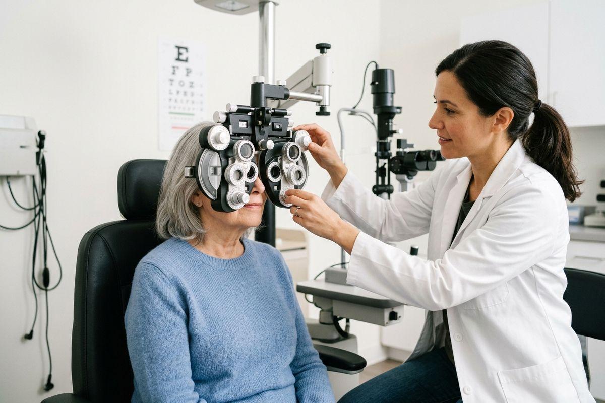 Optometrist adjusting a phoropter during an eye exam for an older adult patient in an exam room.