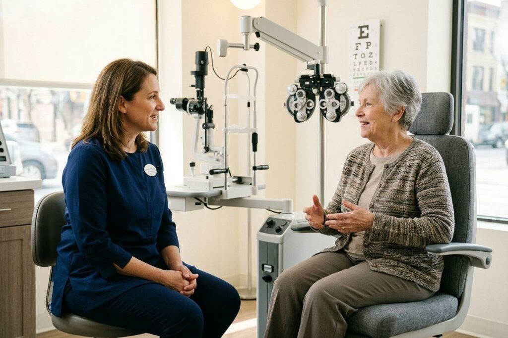 Optometrist smiling while talking with an older adult patient in an eye exam room with vision testing equipment.