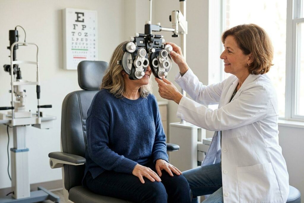 Optometrist adjusts a phoropter for a patient during an eye exam; an eye chart is on the wall behind.