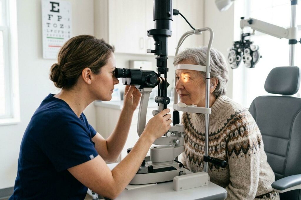 Optometrist examines an older adult's eyes using a slit lamp in an exam room, with an eye chart on the wall.