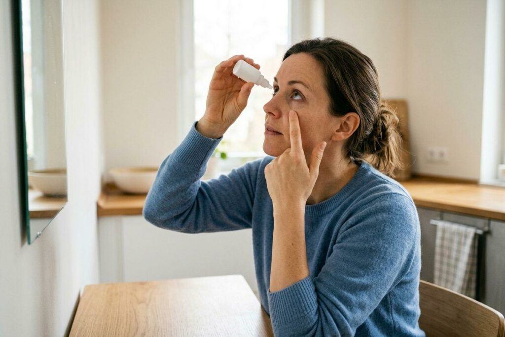 Adult applying eye drops while seated at a kitchen table, holding the lower eyelid down with a finger.